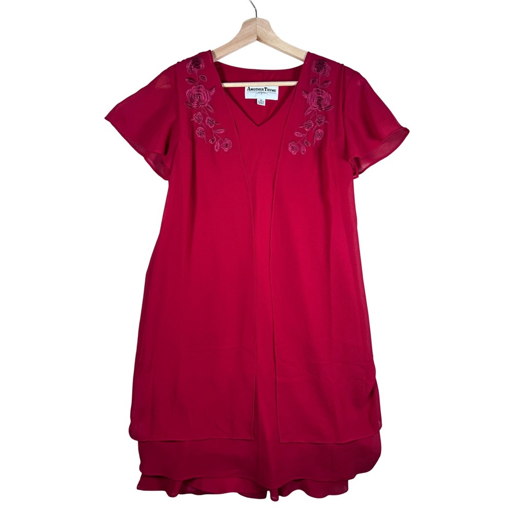 VTG Retro Dress Another Thyme Red Floral Embroidered Party Cocktail‎ 6P Layered